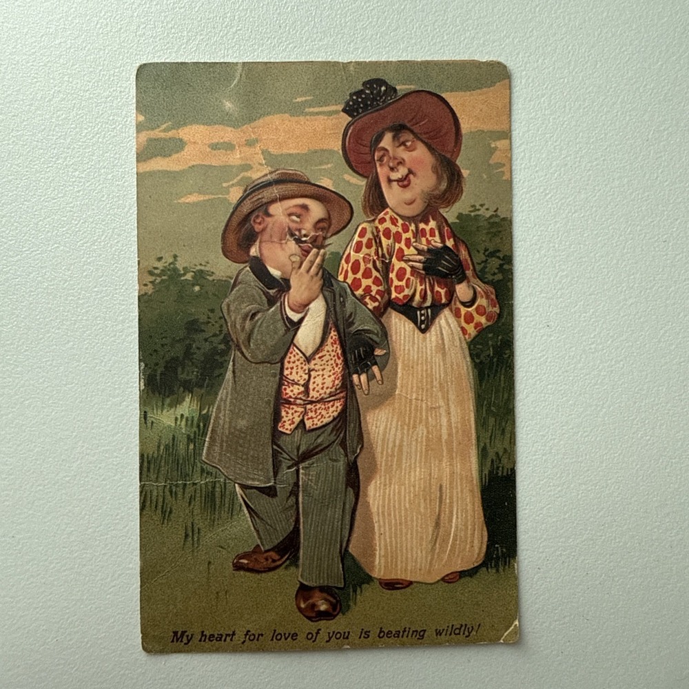 Ugly‎ Couple in the park caricature comic humor embossed vintage postcard